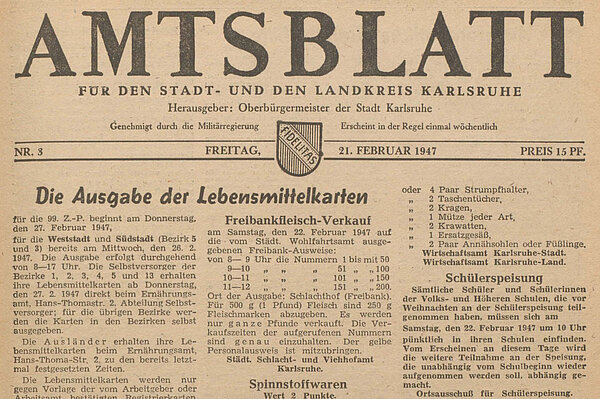 Titelblatt Amtsblatt der Stadt Karlsruhe, 21. Februar 1947