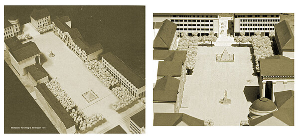 Vorschlag des an der Universität Karlsruhe lehrenden Landschaftsarchitekten Prof. Gunnar Martinsson für die Neugestaltung des Marktplatzes mit Sandsteinbelag und Baumreihen