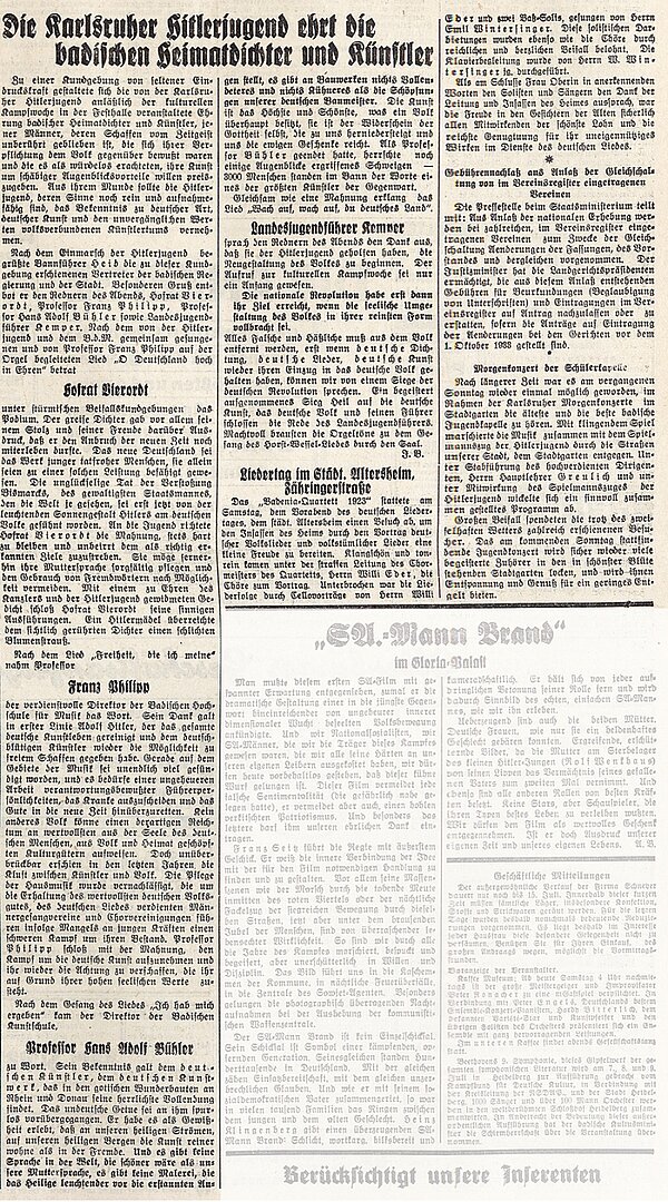 Artikel "Die Karlsruher Hitlerjugend ehrt die badischen Heimatdichter und Künstler", Der Führer vom 1. Juli 1933