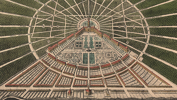 Idealplan Karlsruhes von 1721; unten v. r.: die reformierte, die lutherische und die nicht realisierte katholische Kirche, Foto: Stadtarchiv Karlsruhe