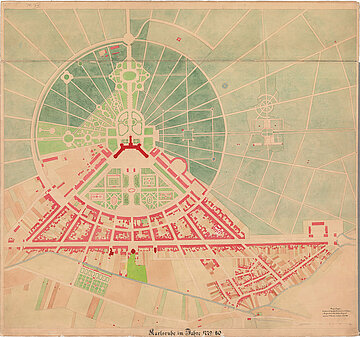 Stadtplan von 1779 mit der bebauten Langen Straße (Kaiserstraße) und dem Dörfle.