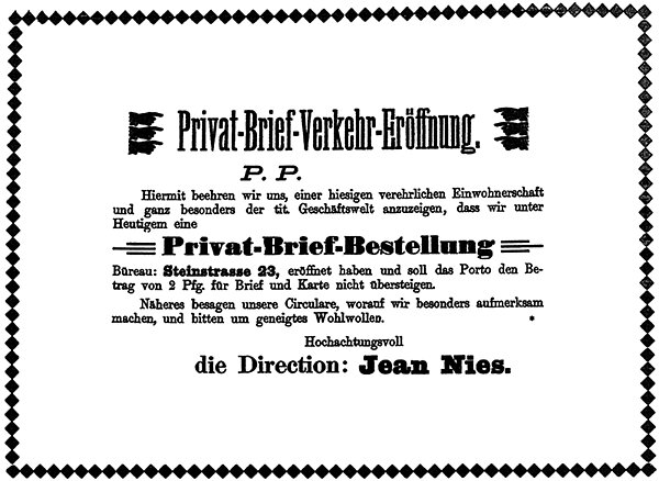 Anzeige des 1894 eröffneten Postdienstleisters "Privat-Brief-Verkehr" von Jean Nies