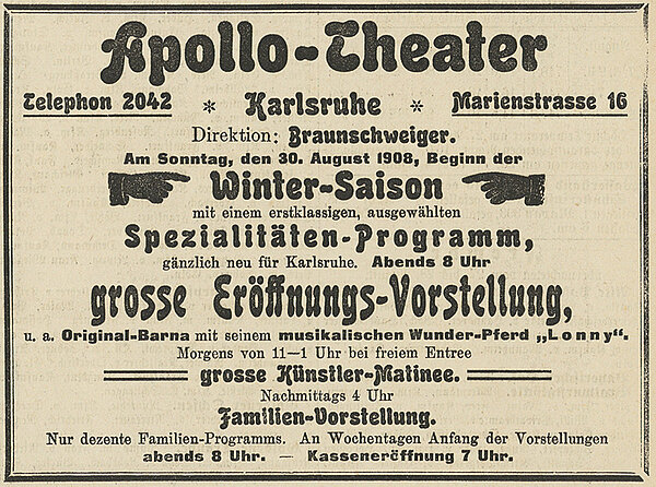 Anzeige des Apollo-Theaters aus dem Karlsruher Tagblatt von 1908