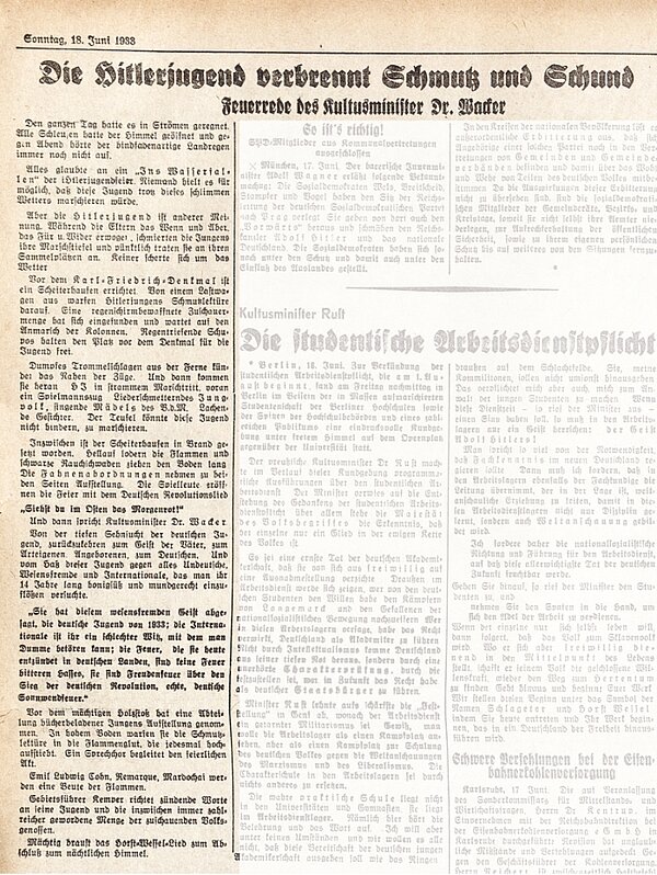 Artikel "Die Hitlerjugend verbrennt Schmutz und Schund", Der Führer vom 18. Juni 1933