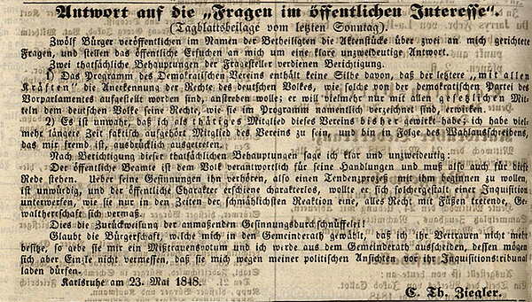 Bericht im "Karlsruher Tagblatt" vom 24. Mai 1848