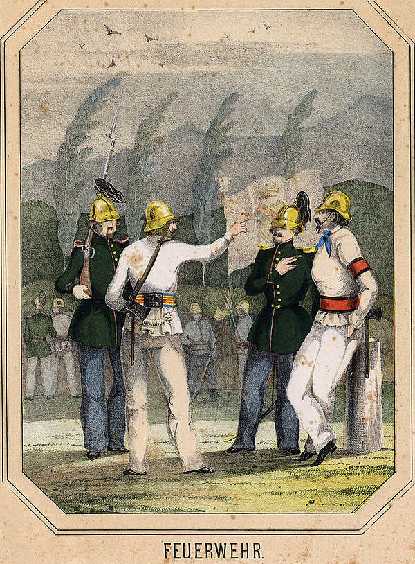 Uniformen der Feuerwehr (3. Banner der Bürgerwehr), Lithographie um 1848