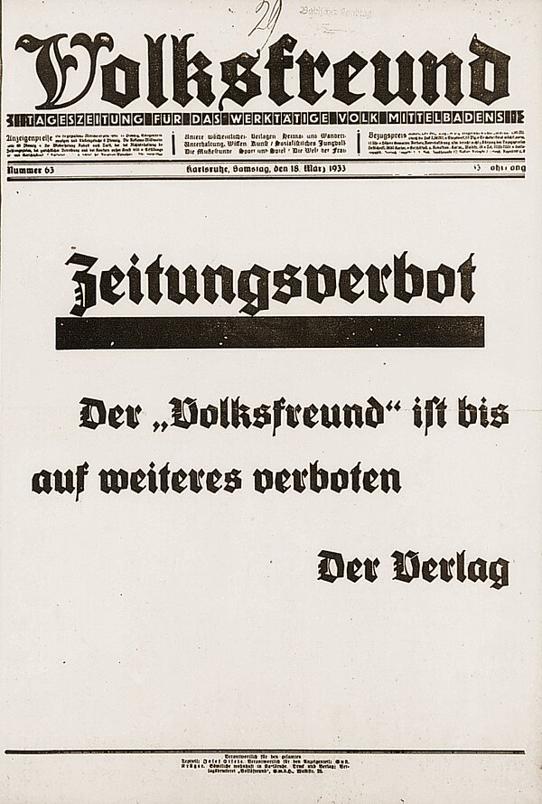 Titelblatt des "Volksfreund" am 18. März 1933