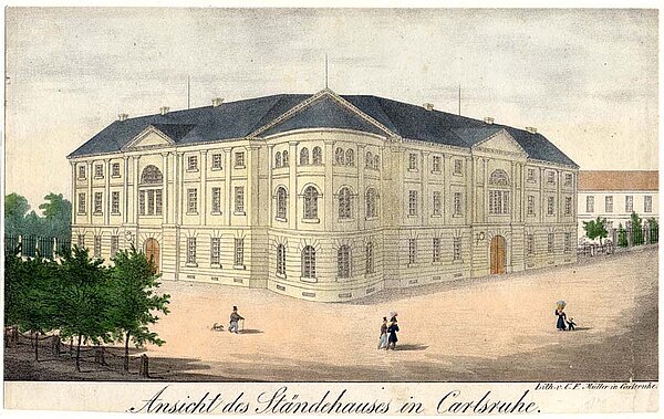 Das Badische Ständehaus, in dem vom 10. bis 23. Juni 1849 die Verfassunggebende Versammlung tagte, um 1840