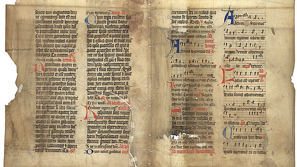 Reste eines sogenannten Antiphonars mit einem Gesang zum Nachtgebet vom Einband eines Durlacher Pfundbuchs aus dem Jahr 1562