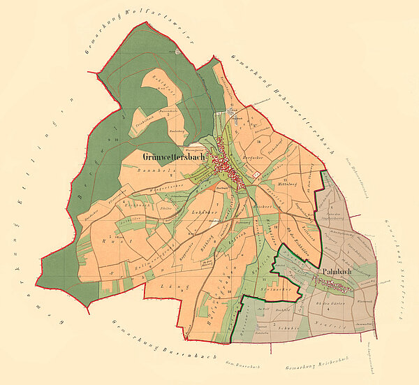 Die zusammengefügten Pläne von 1878 und 1879 zeigen die Gemarkungen von Grünwettersbach und Palmbach