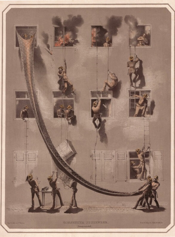 Übung der Freiwilligen Feuerwehr Karlsruhe, Lithographie um 1848