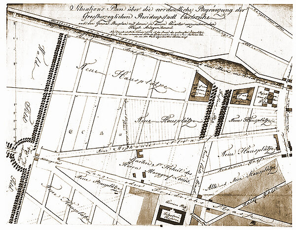 Plan von Friedrich Weinbrenner, obere Bildhälfte Kanal mit Schiffsanlegestelle und Platzanlage mit "Kauf- und Warenmagazinen"