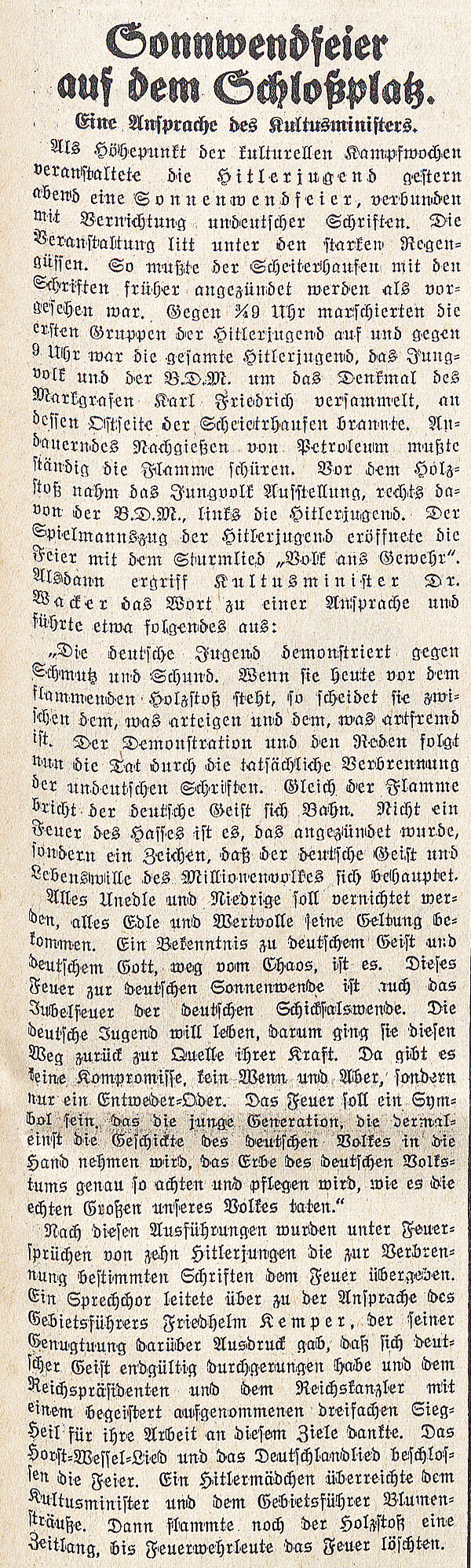 Artikel "Sonnenwendfeier auf dem Schloßplatz", Karlsruher Tagblatt vom 18. Juni 1933