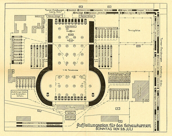 Der detailliert ausgearbeitete Aufstellungsplan für das Schauturnen am 28. Juli 1935 im Hochschulstadion