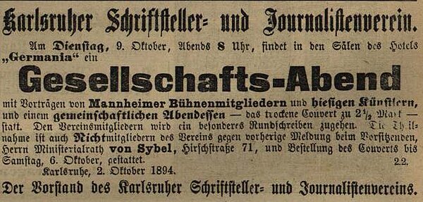 Anzeige des Karlsruher Schriftsteller und Journalistenvereins, Karlsruher Tagblatt vom 7. Oktober 1894 (Erstes Blatt)