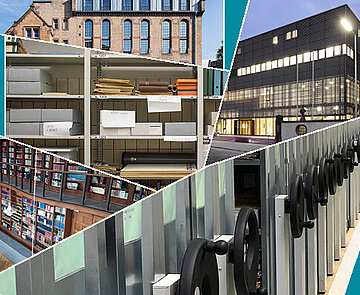 Kollage mit Bildern von Archiven in Karlruhe