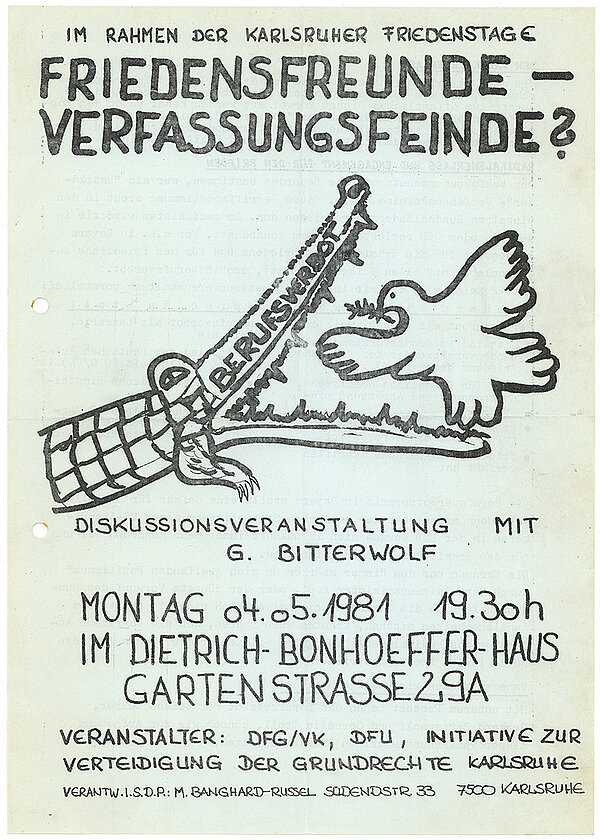 Plakat zu einer Veranstaltung mit Betroffenen aus Karlsruhe und Gästen aus Frankreich und Italien am 4. Mai 1981 im Dietrich-Bonhoeffer-Haus