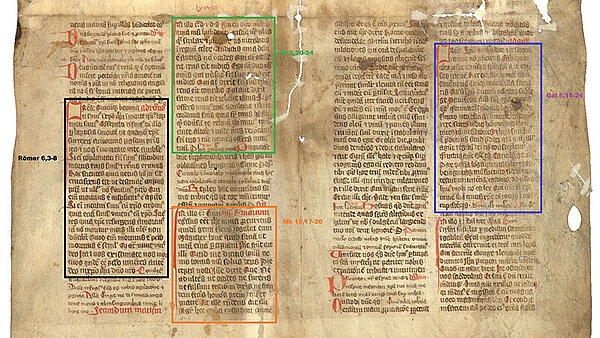 Reste eines Messbuchs vom Einband eines Durlacher Pfundbuchs aus den 1530er-Jahren; markiert sind die Bibelstellen Römer 6,3-8; Matthäus 5,20-24; Markus 10,17-20; Galaterbrief 5,16-24