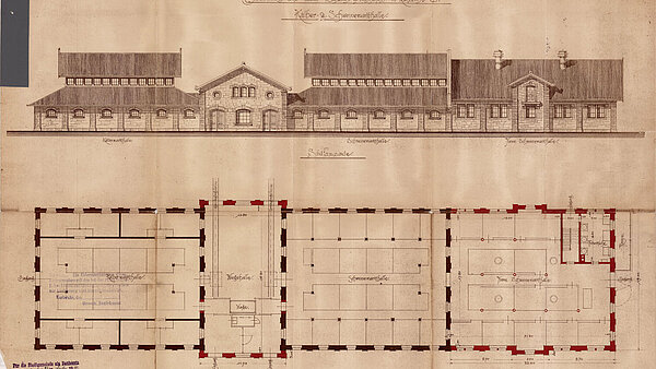 Kälber- und Schweinemarkthalle des Schlacht- und Viehhofs, Durlacher Allee 62-66, Grund- und Aufriss der Südfassade, 1909