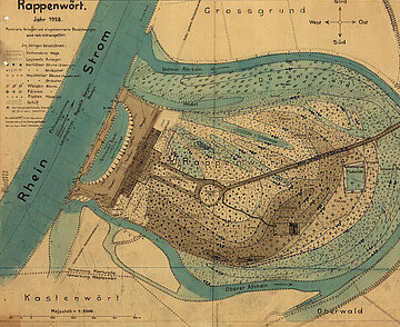 Lageplan zur Erweiterung des Straßen- und Wegenetzes  beim Bau des Rheinstrandbades Rappenwört, 1928