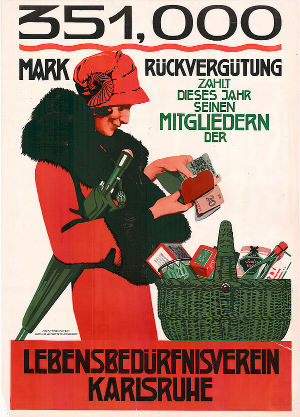 Werbeplakat des Lebensbedürfnisvereins um 1910; die Auszahlung einer Rückvergütung war ein zusätzlicher Anreiz, Mitglied in der Genossenschaft zu werden