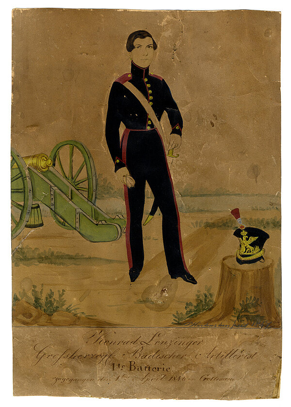 Konrad Lenzinger als badischer Artillerist, kolorierte Kohlezeichnung von Hartenstein, 1847