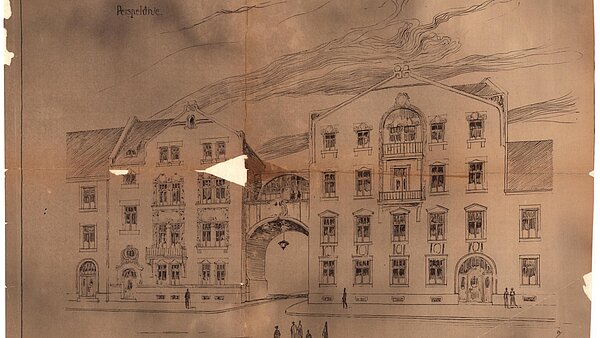 Perspektivische Ansicht der Häuserfront Stephanienstraße 94-96, Fassadenansicht, 1902