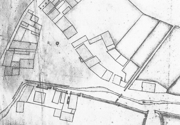 Die städtebauliche Situation um den heutigen Hengstplatz um 1680, am rechten Bildrand vor der Stadtmauer das spätere Grundstück Blumentorstraße 4