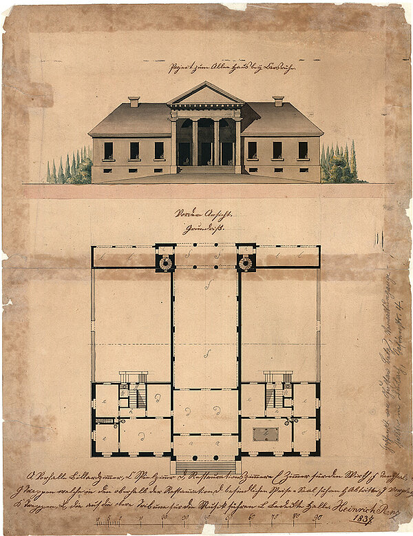 Ansicht und Grundriss des von Christoph Arnold geplanten Alleehauses