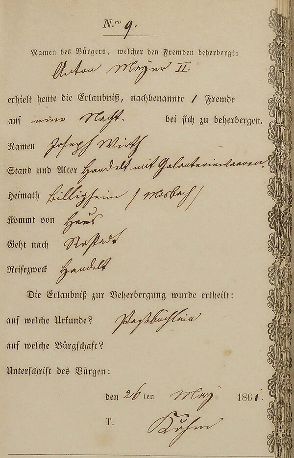 Dieser Ausschnitt aus dem Grünwinkler Nachtzettelbuch dokumentiert die Erlaubnis für Anton Mayer II., den Joseph Wirth eine Nacht zu beherbergen; der aus Billigheim (Mosbach) kommende Wirth handelte als Reisender mit Galanteriewaren