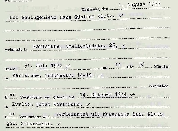 Sterberegistereintrag von Oberbürgermeister Günther Klotz, 1972