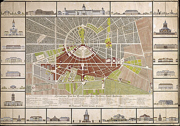 Stadtplan von 1822 mit Ansichten stadtbildprägender Bauten Friedrich Weinbrenners, kolorierte Lithographie. 