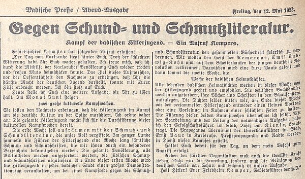 Artikel "Gegen Schund- und Schmutzliteratur", Badische Presse vom 12. Mai 1933