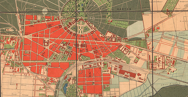 Stadtplan von Karlsruhe 1886 mit den beiden Gaswerken am Mühlburger Tor und in der Oststadt 