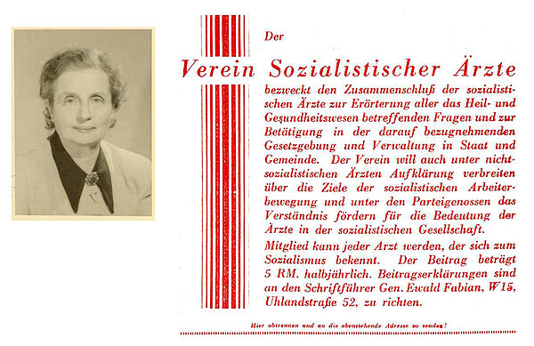 Die promovierte Chemikerin und Ärztin Dr. Johanna Maas, rechts Informationen des Vereins Sozialistischer Ärzte, aus: Der sozialistische Arzt, Mai 1930