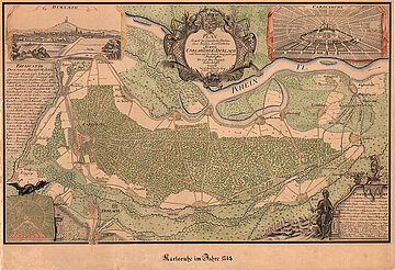 Plan von Karlsruhe und Umgebung 1748. Mit drei Nebenkarten: Idealansicht und -plan von Karlsruhe sowie Ansicht von Durlach mit dem Turmberg.