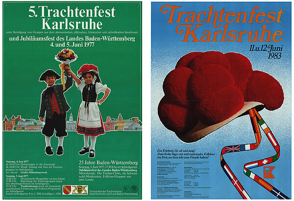 Während 1977 zum 5. Trachtenfest auf einem Plakat ein Junge und ein Mädchen in Schwarzwälder Tracht vor den Umrissen Karlsruher Bauten Besucher begrüßt, fand 1983 das Trachtenfest mit einer Öffnung in das Internationale statt, um Teilnehmer zu interessieren. Wie wird es 2017 sein?