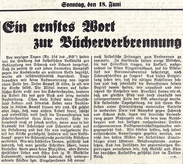 Artikel "Ein ernstes Wort zur Bücherverbrennung", Badischer Beobachter vom 18. Juni 1933