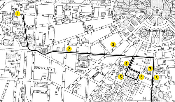 Route der Schaufahrt durch die Karlsruher Innenstadt – entlang von Orten, die für die zerstörte Demokratie standen