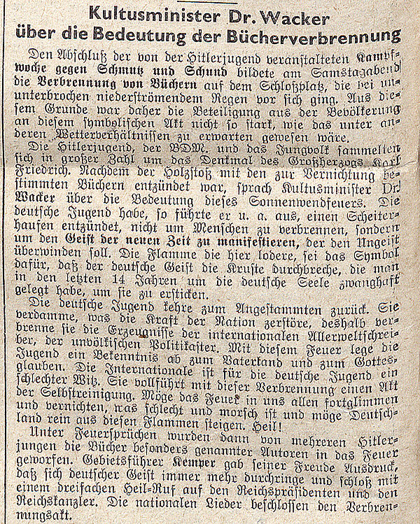 Artikel "Kultusminister Dr. Wacker über die Bedeutung der Bücherverbrennung", Karlsruher Zeitung vom 19. Juni 1933