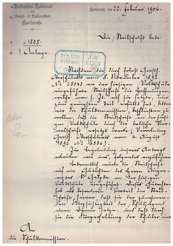An die Schulkommission 1906 gerichtete Bitte des Volksschulrektorats, die Steilschrift durch die badische Normalschrift zu ersetzen