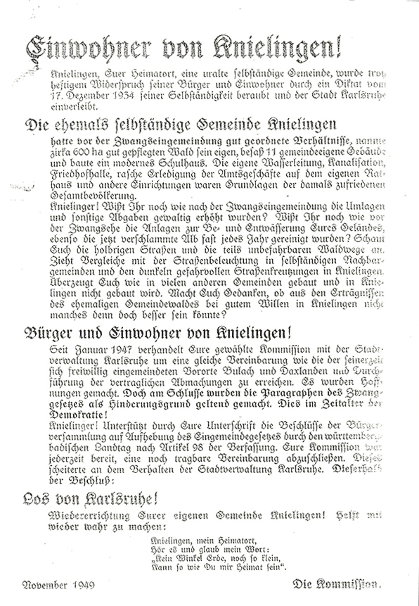 Flugblatt der Knielinger Bürger-Kommission von 1949 mit dem Aufruf zur Unterstützung der Ausgemeindungsbestrebungen Knielingens