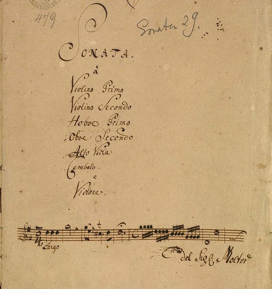 Titelblatt Sonata grossa G-Dur mit Incipit und Angabe des Verfassers Johann Melchior Molter (Ausschnitt)