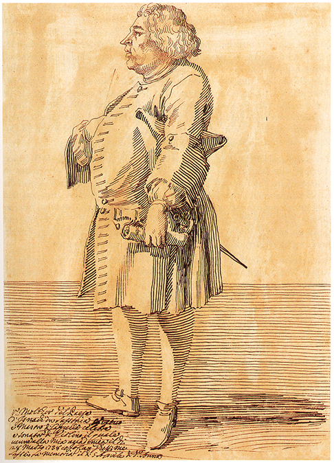Johann Melchior Molter, Federzeichnung von Pier Leone Ghezzi (1674 – 1755), Rom, 5. April 1738