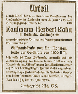 Veröffentlichung des Urteils gegen Herbert Kahn in der NS-Zeitung "Der Führer" vom 27. Juni 1933