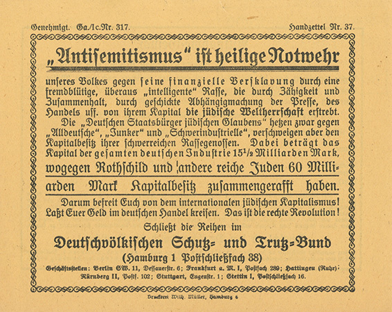 In Karlsruhe 1919/20 verbreiteter Handzettel des Deutschvölkischen Schutz- und Trutzbundes