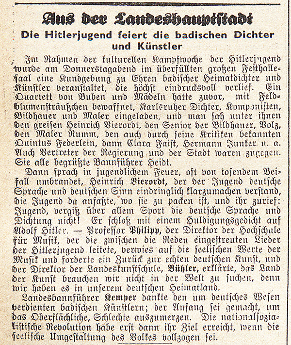 Artikel "Die Hitlerjugend feiert die badischen Dichter und Künstler", Karlsruher Zeitung vom 30. Juni 1933