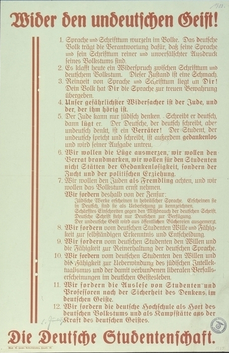 Das Pamphlet "Wider den undeutschen Geist" wurde als Plakat und Flugblatt zur Vorbereitung der studentischen Bücherverbrennungen vom 10. Mai 1933 benutzt
