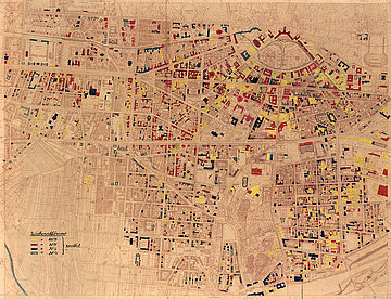 Kartierung der Zerstörungen der Innenstadt durch die Luftangriffe im Zweiten Weltkrieg, 1944.