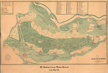 Die Rheinebene mit den Dörfern, zwischen denen Karlsruhe 1715 gegründet wurde, um 1700.